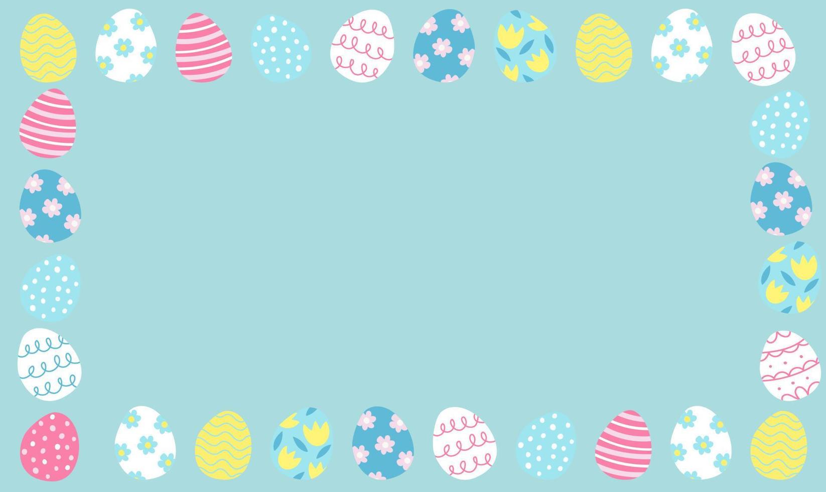 Easter banner with chocolate rabbits and beautifully painted eggs set on the grass. Concept of Easter egg hunt or egg decorating art. Background pastel color minimal design vector