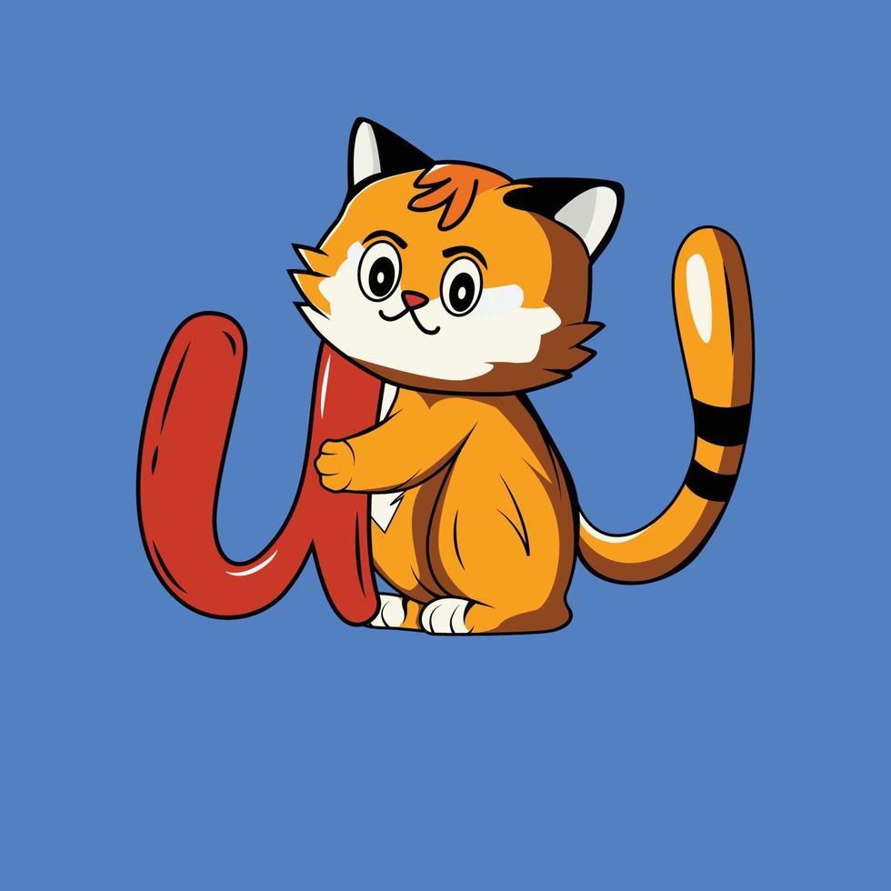 Cute cat with U Letter Vector Illustration