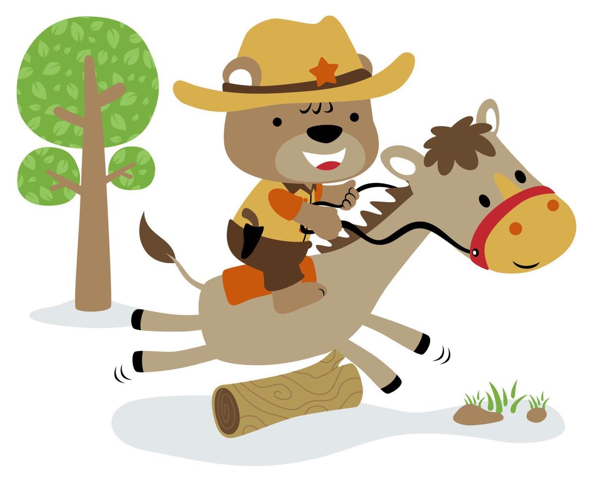 pequeño oso dibujos animados en alguacil disfraz montando caballo vector