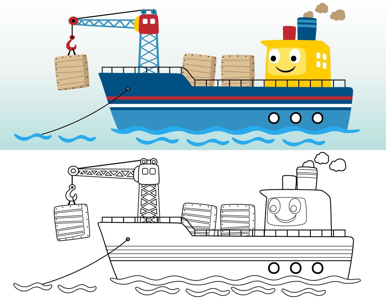 coloring book or page with funny cargo ship cartoon in the port vector