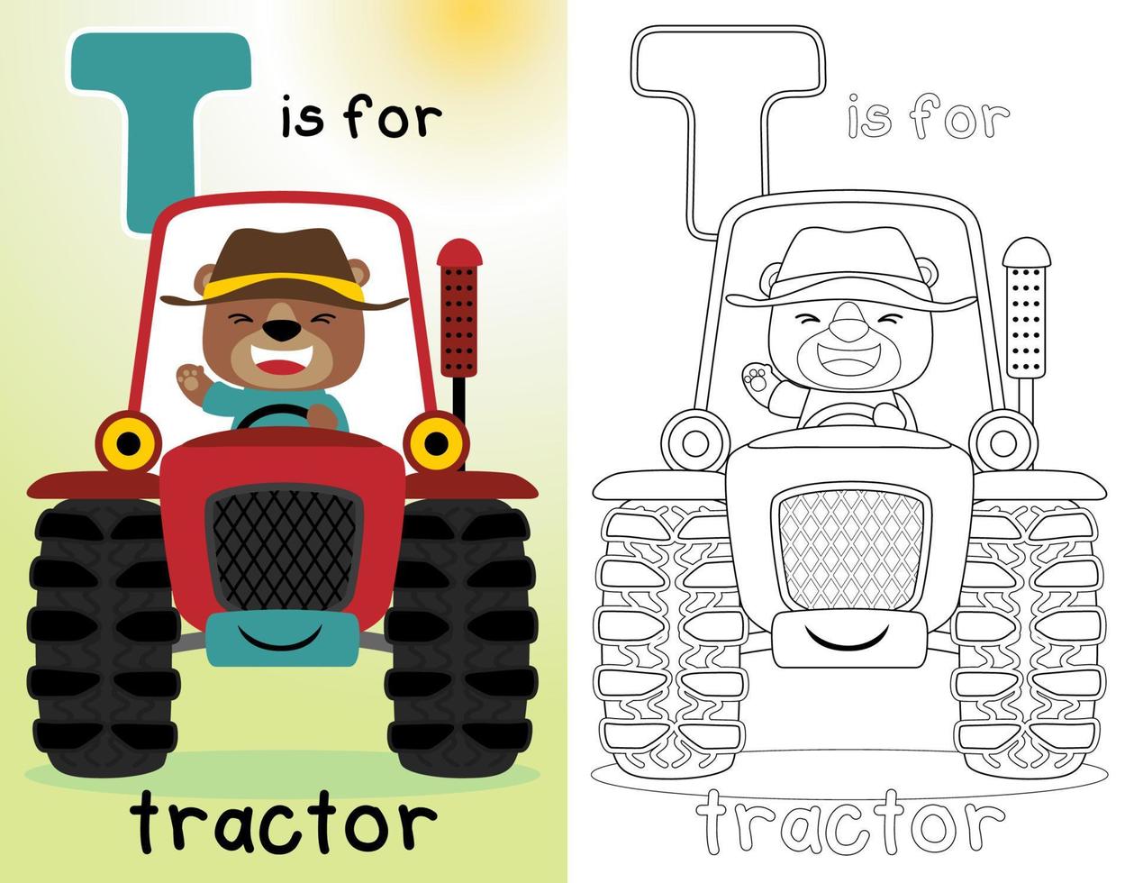 colorante libro o página de dibujos animados gracioso granjero oso en rojo tractor vector