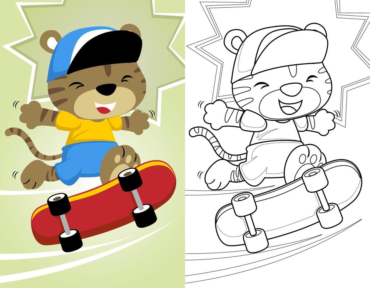 colorante libro o página con pequeño gato jugando patineta vector