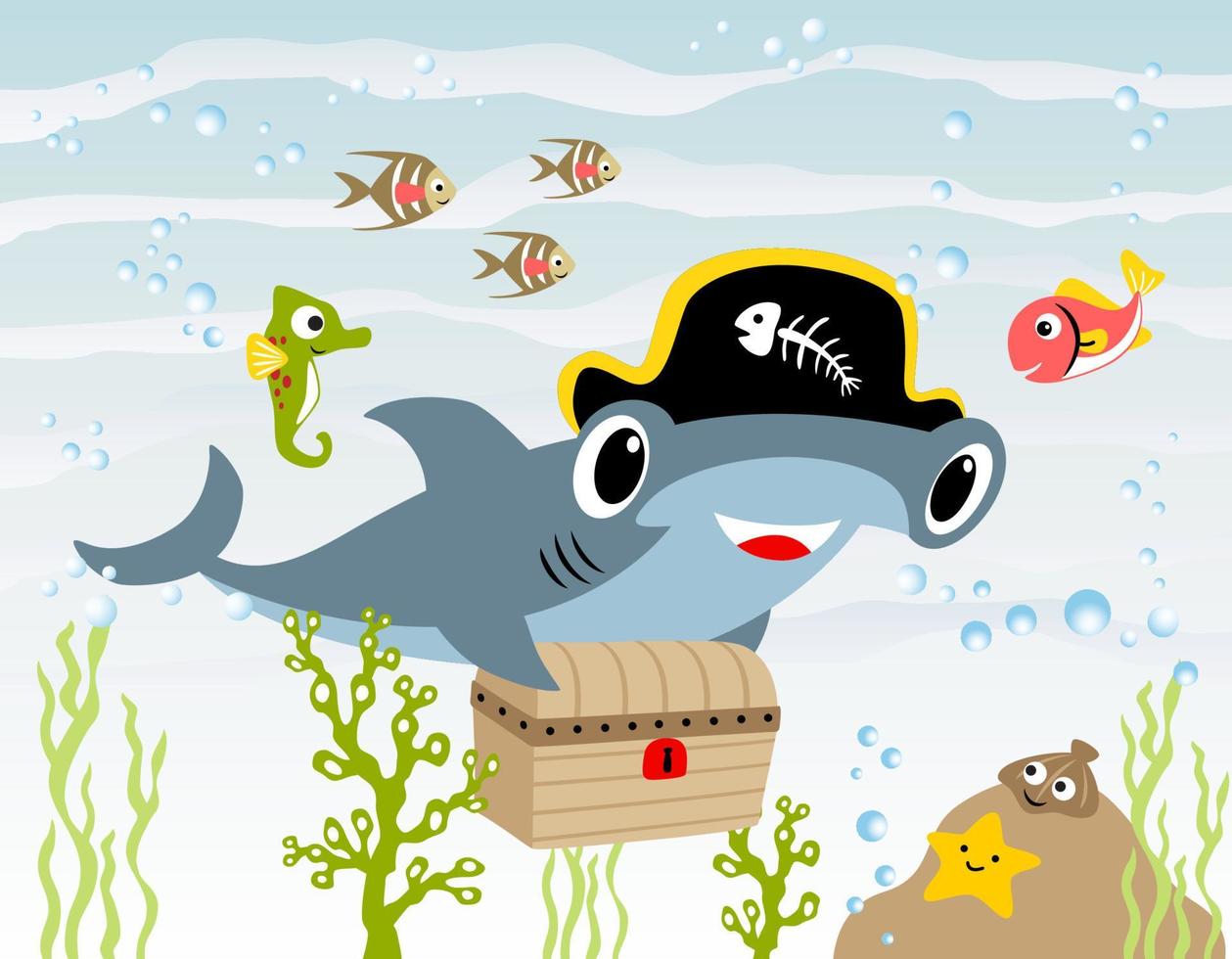 Hammerhead shark cartoon with pirate hat carrying treasure chest, marine life element illustration vector