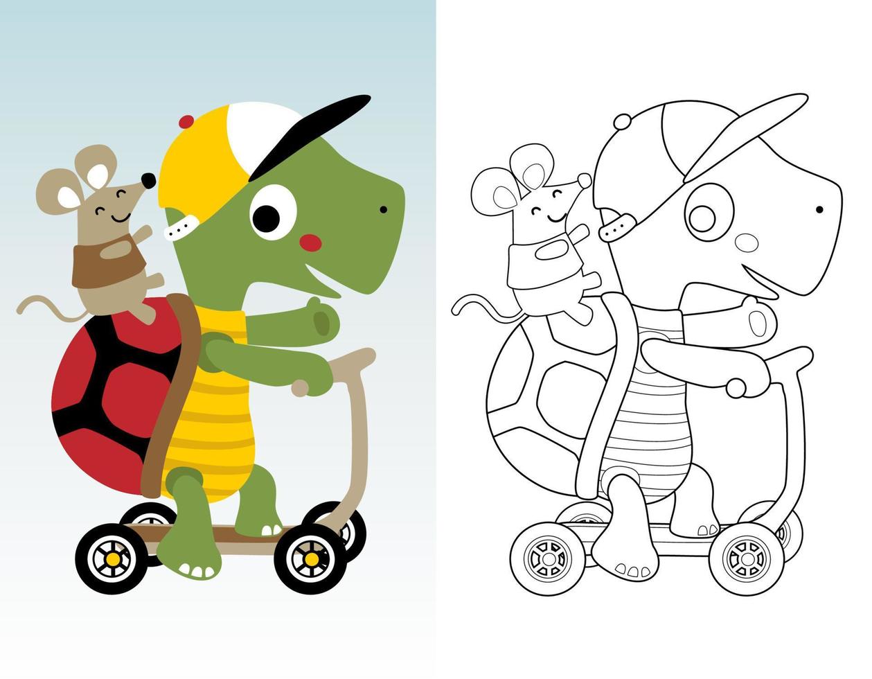 Coloring book or page of funny turtle and little mouse cartoon on scooter vector