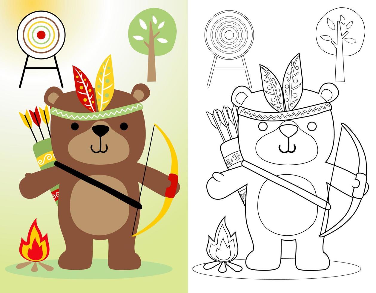 colorante libro o página de gracioso oso dibujos animados participación arco con pluma tocado, indio tribu elemento dibujos animados vector