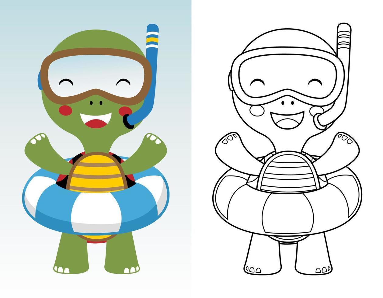 colorante libro o página de linda Tortuga dibujos animados con buceo gafas de protección y boya salvavidas vector