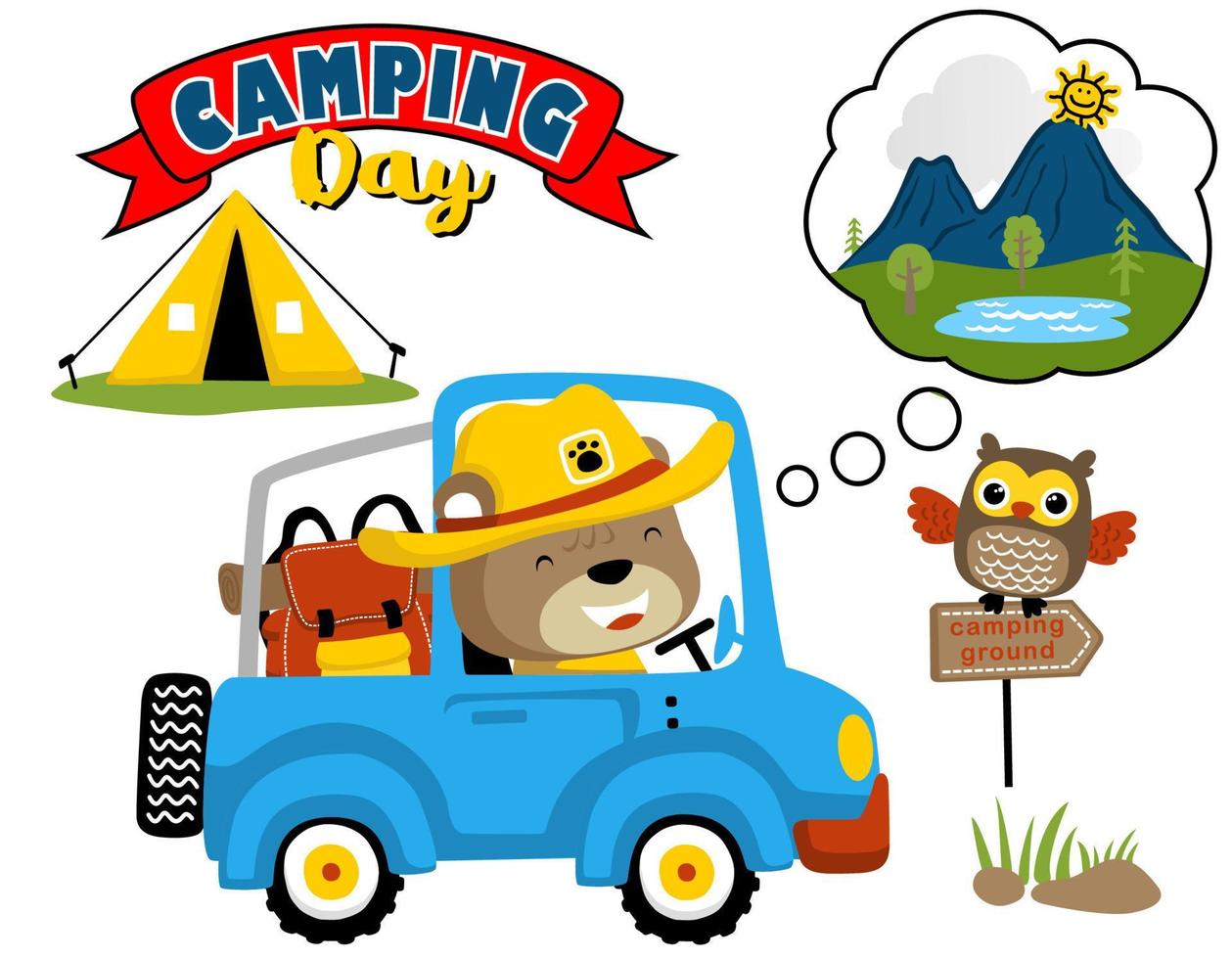 Vector cartoon of funny bear driving car, owl perch on signpost, camping element illustration