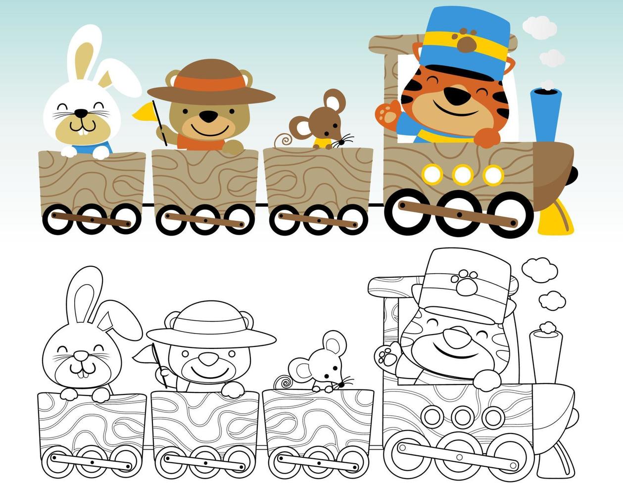 coloring book or page with funny animals cartoon on wooden steam train vector