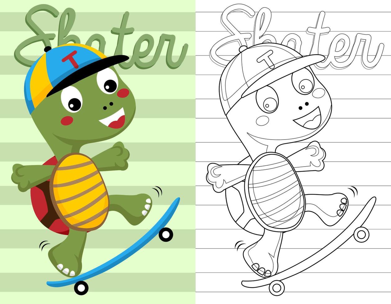 colorante libro o página de Tortuga dibujos animados jugando patineta vector