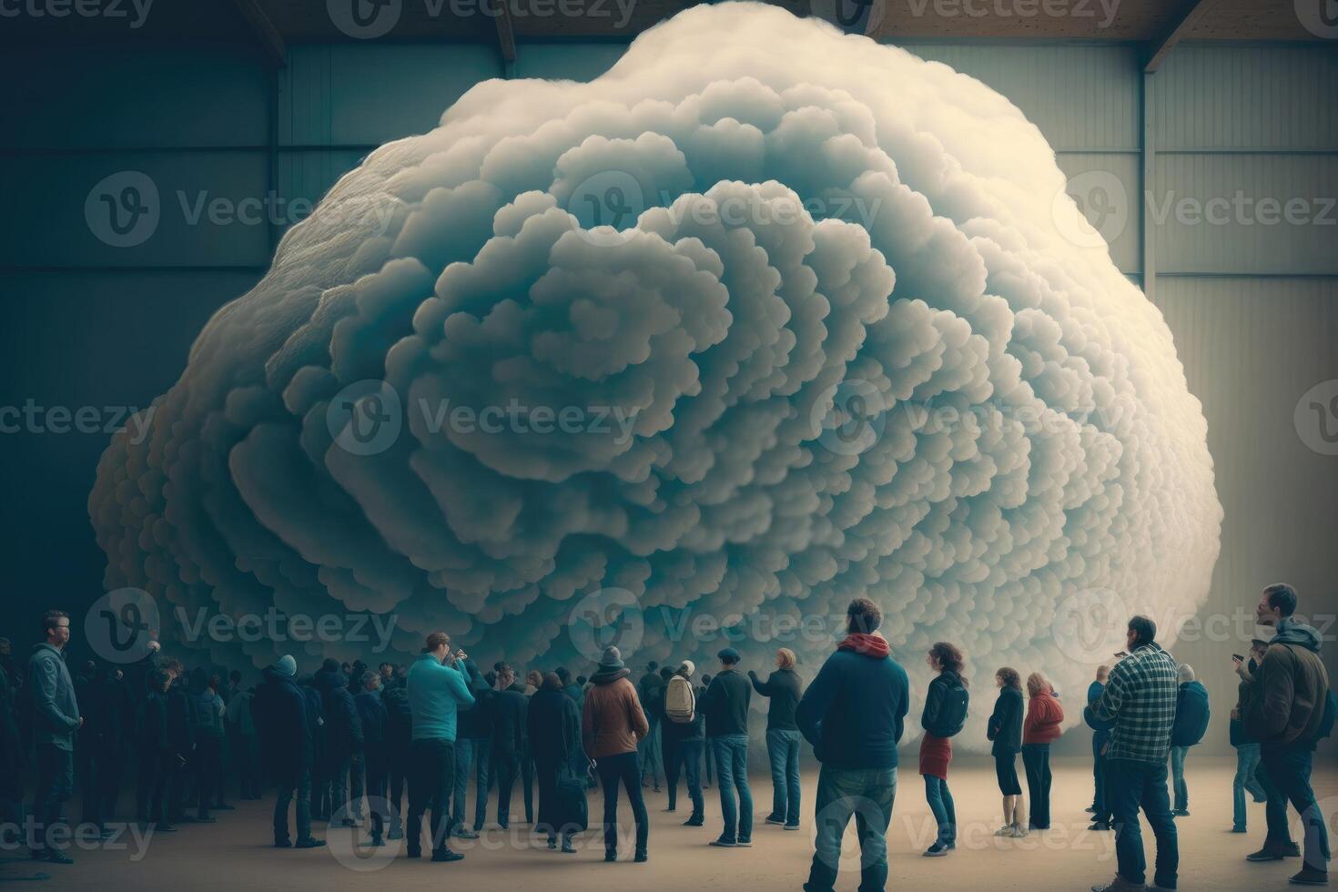 personas en pie alrededor grande datos nube. ai generado foto