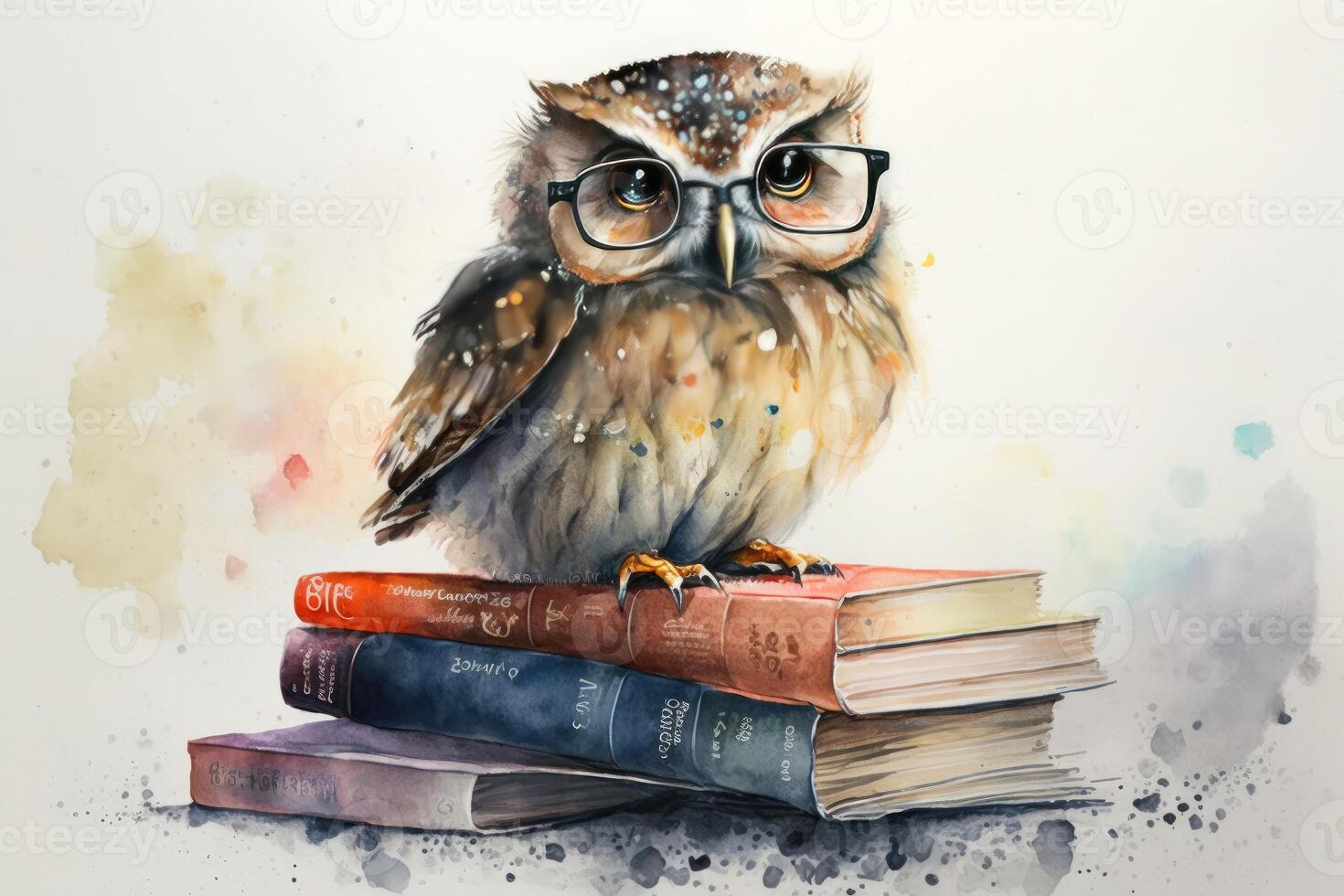 Watercolor painting of an owl wears glasses and sitting on a stack of books. photo