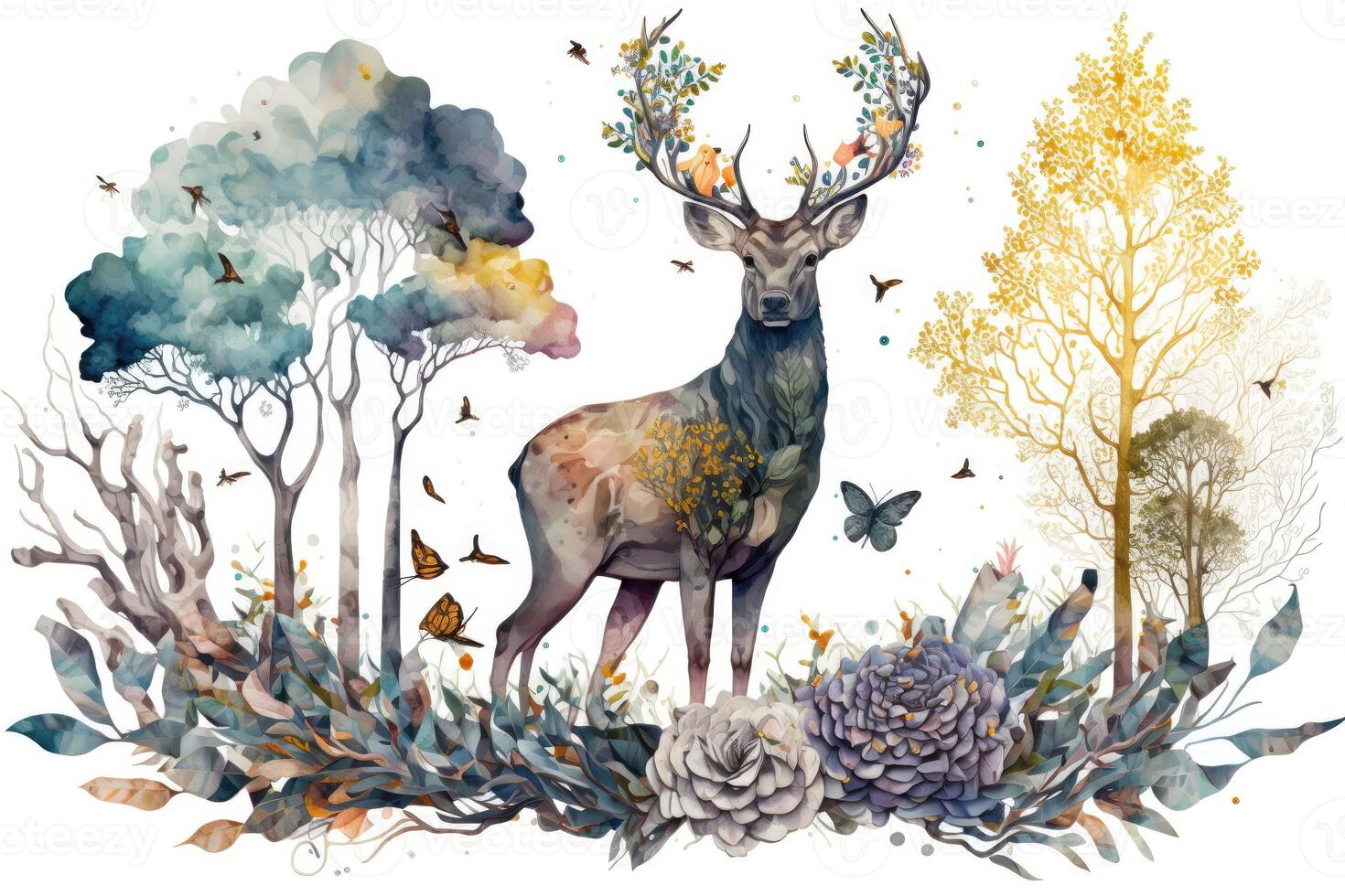 Watercolor forest composition with deer, butterfly flowers and trees photo