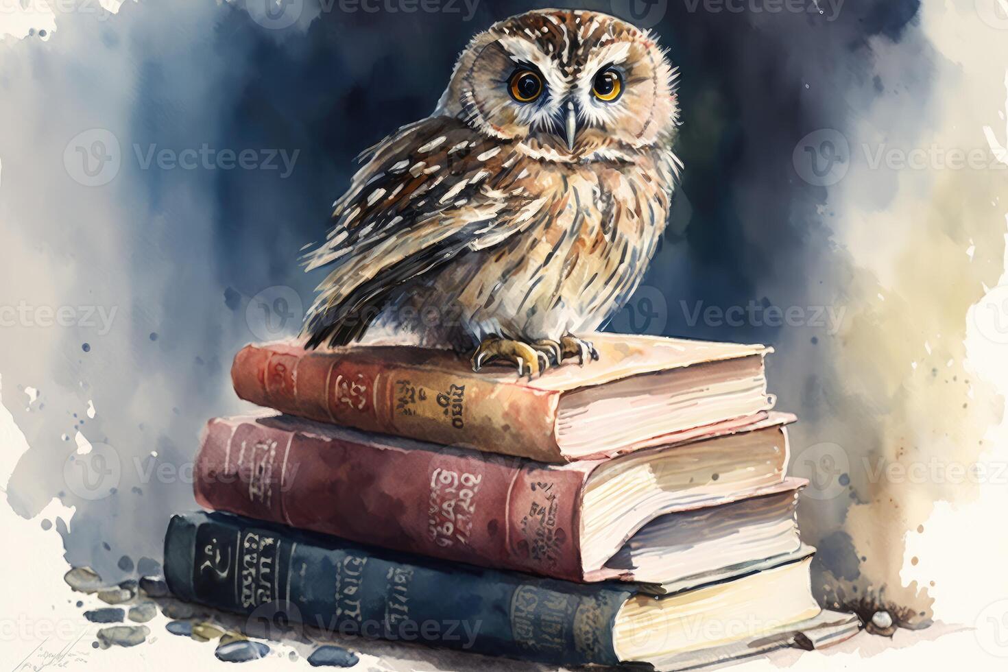 Watercolor painting of an owl wears glasses and sitting on a stack of books. photo