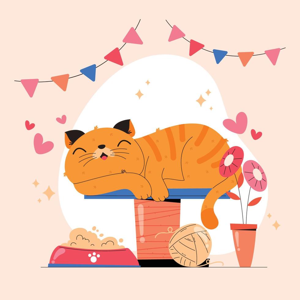 linda naranja gato dormido en un gato torre vector