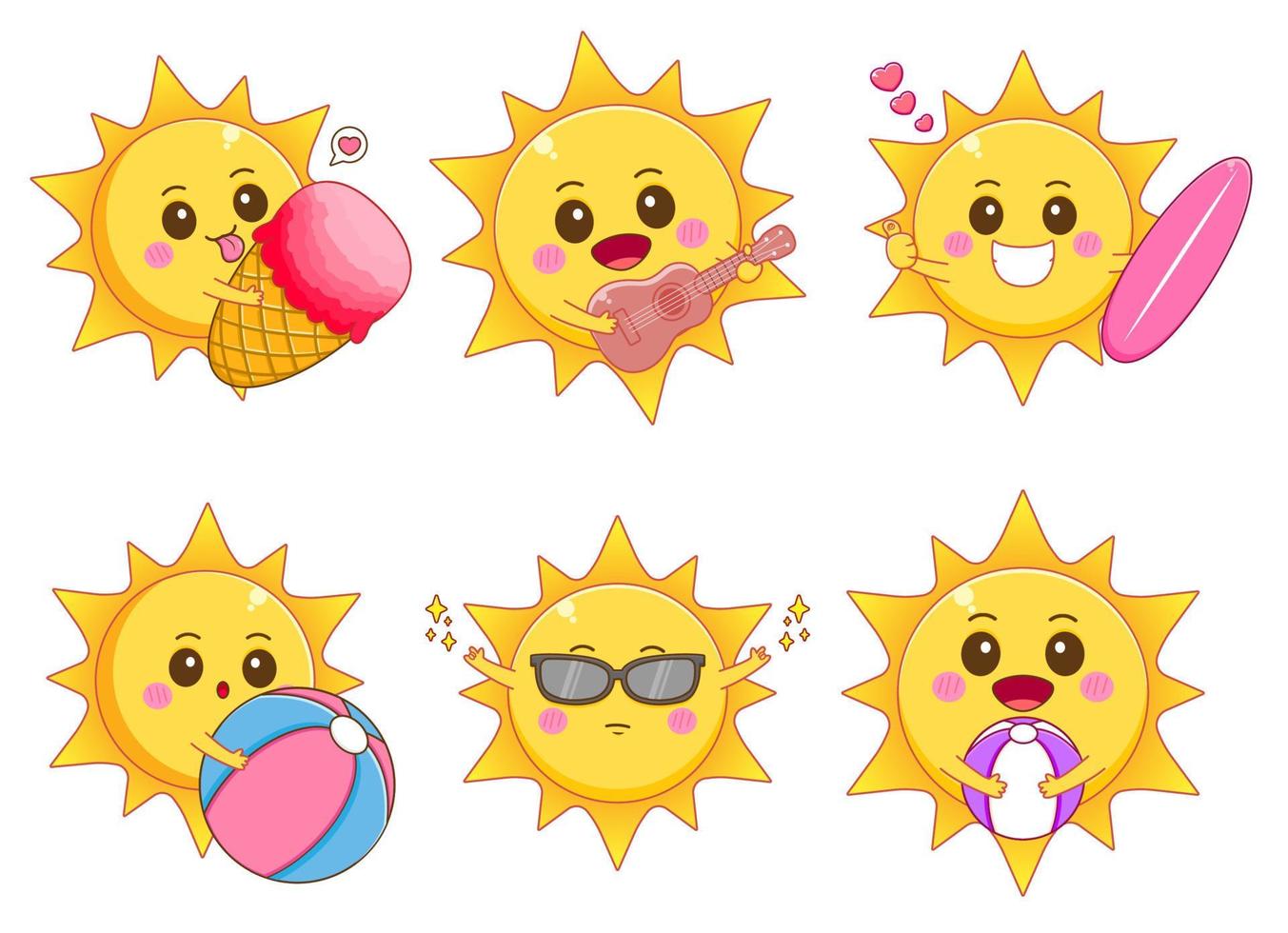 Bundle set Cute Sun doing summer activities cartoon character. Ice cream, playing guitar, wearing glasses, playing beach ball and surfing. Summer concept design. Vector art illustration
