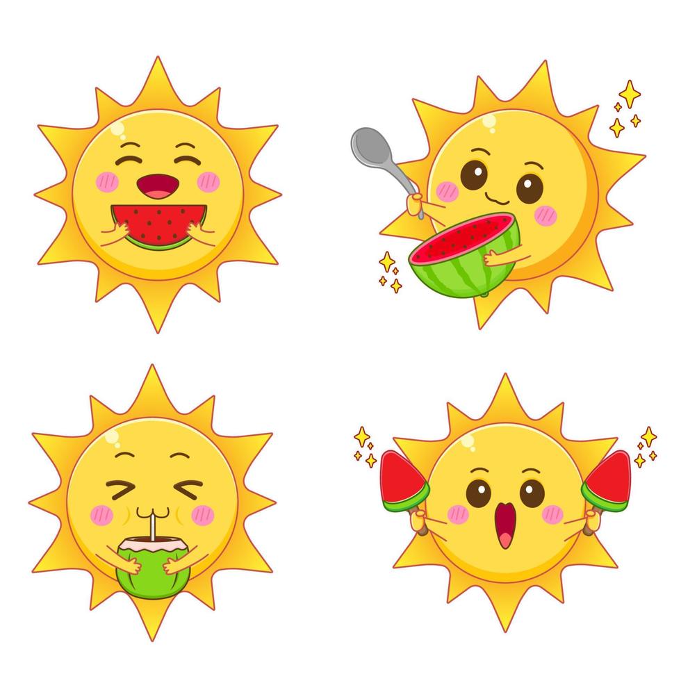 Bundle set Cute Sun doing summer activities cartoon character. Eating watermelon, ice cream, drinking coconut. Summer concept design. Vector art illustration