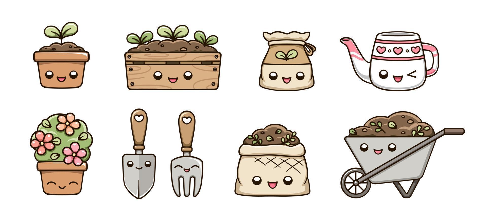 Kawaii Gardening clipart set. Happy potted plants, garden items and planting tools. Cute spring summer digital stickers cartoon illustration. vector