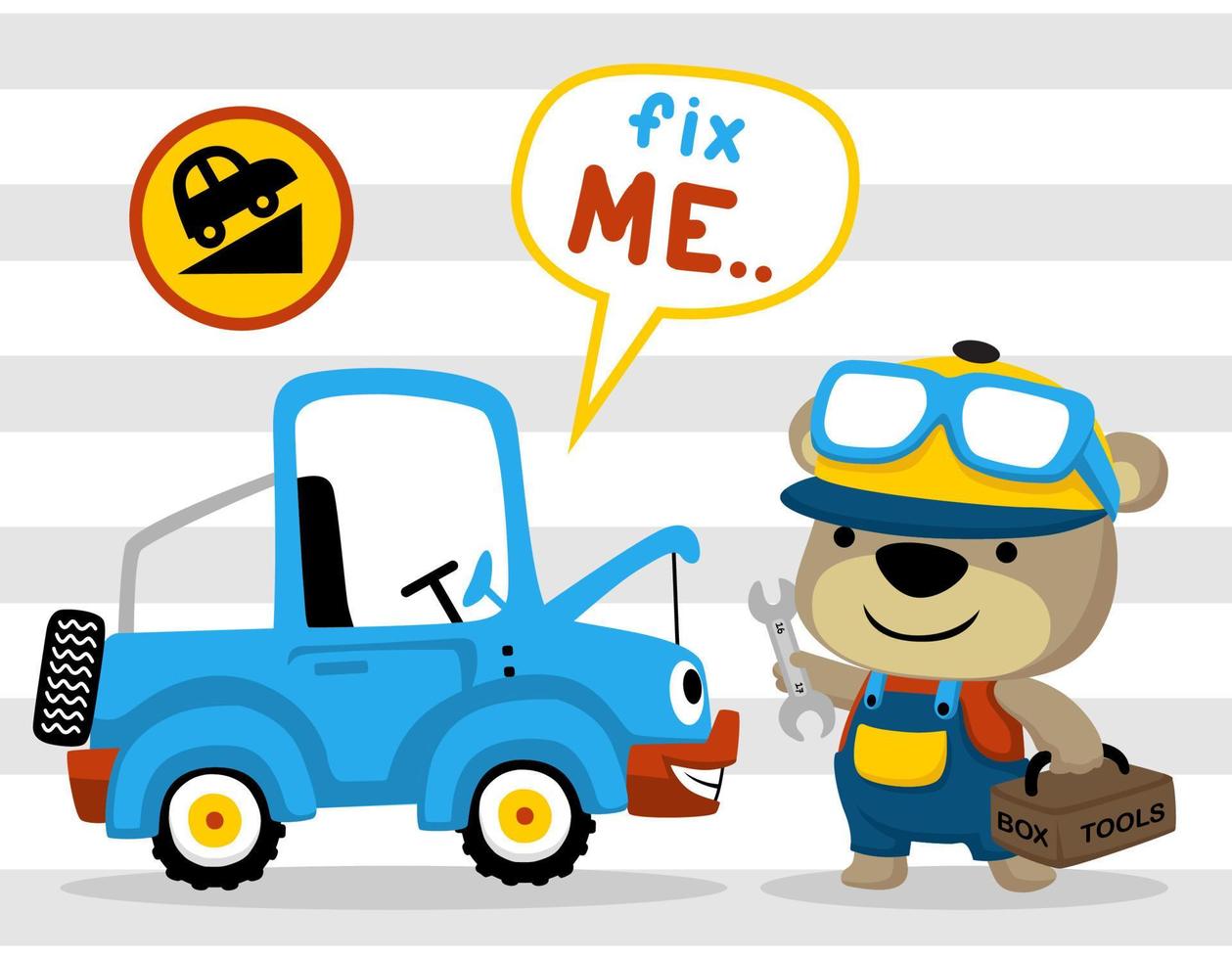 Funny bear cartoon in mechanic costume carrying toolbox with car vector