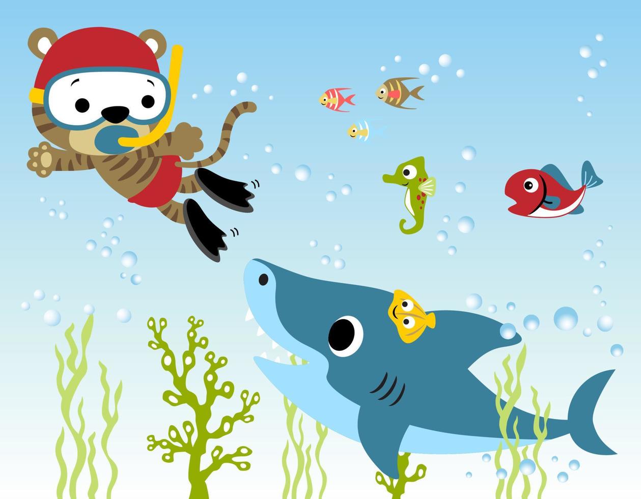Vector cartoon of cat diving with funny marine animals