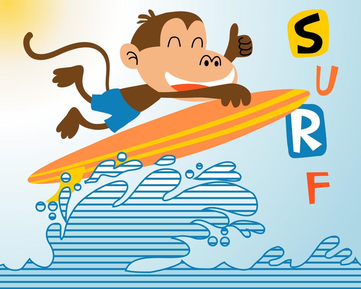 Funny monkey cartoon surfing on wave vector