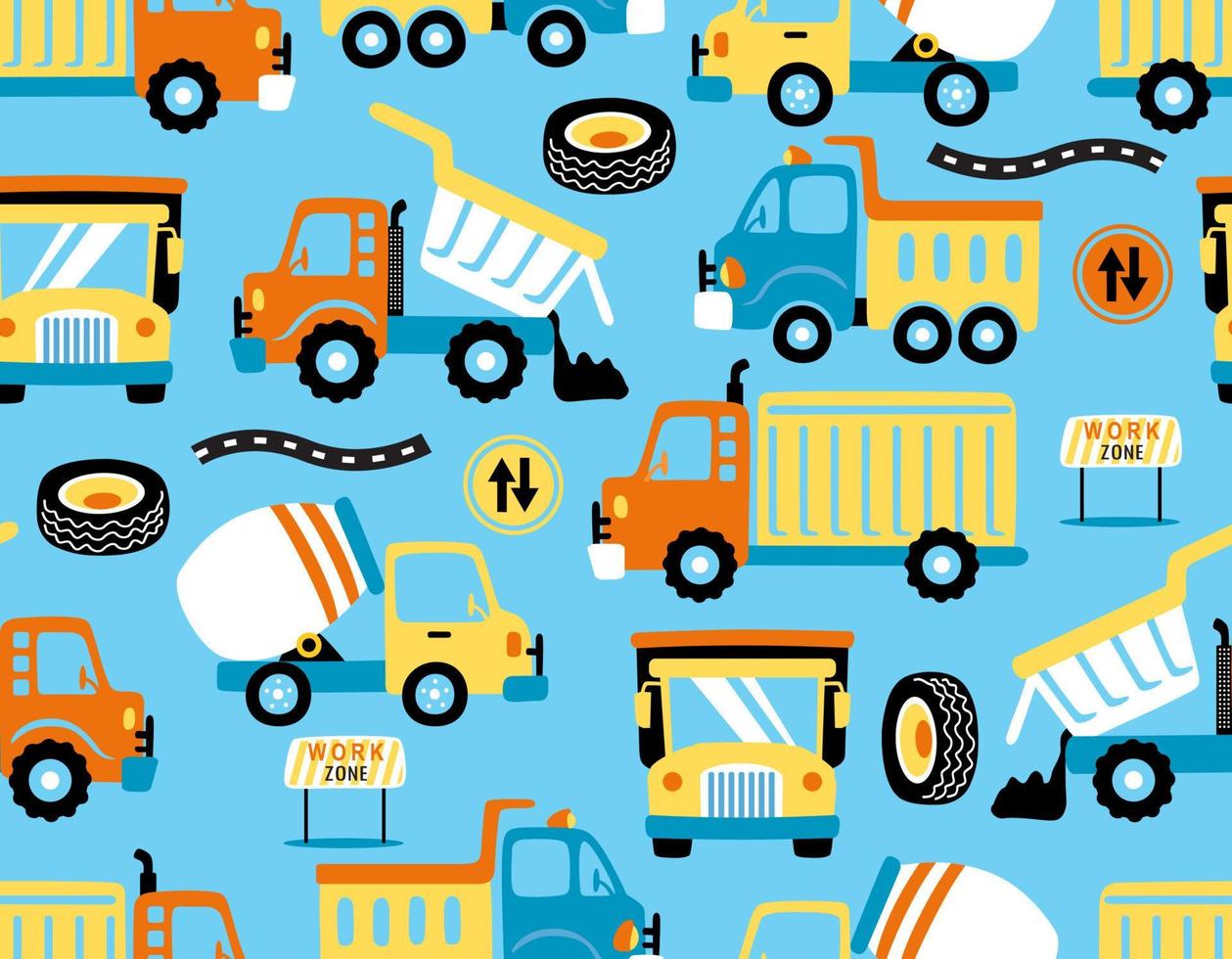 Seamless pattern vector of trucks cartoon with traffic signs. Traffic element illustration