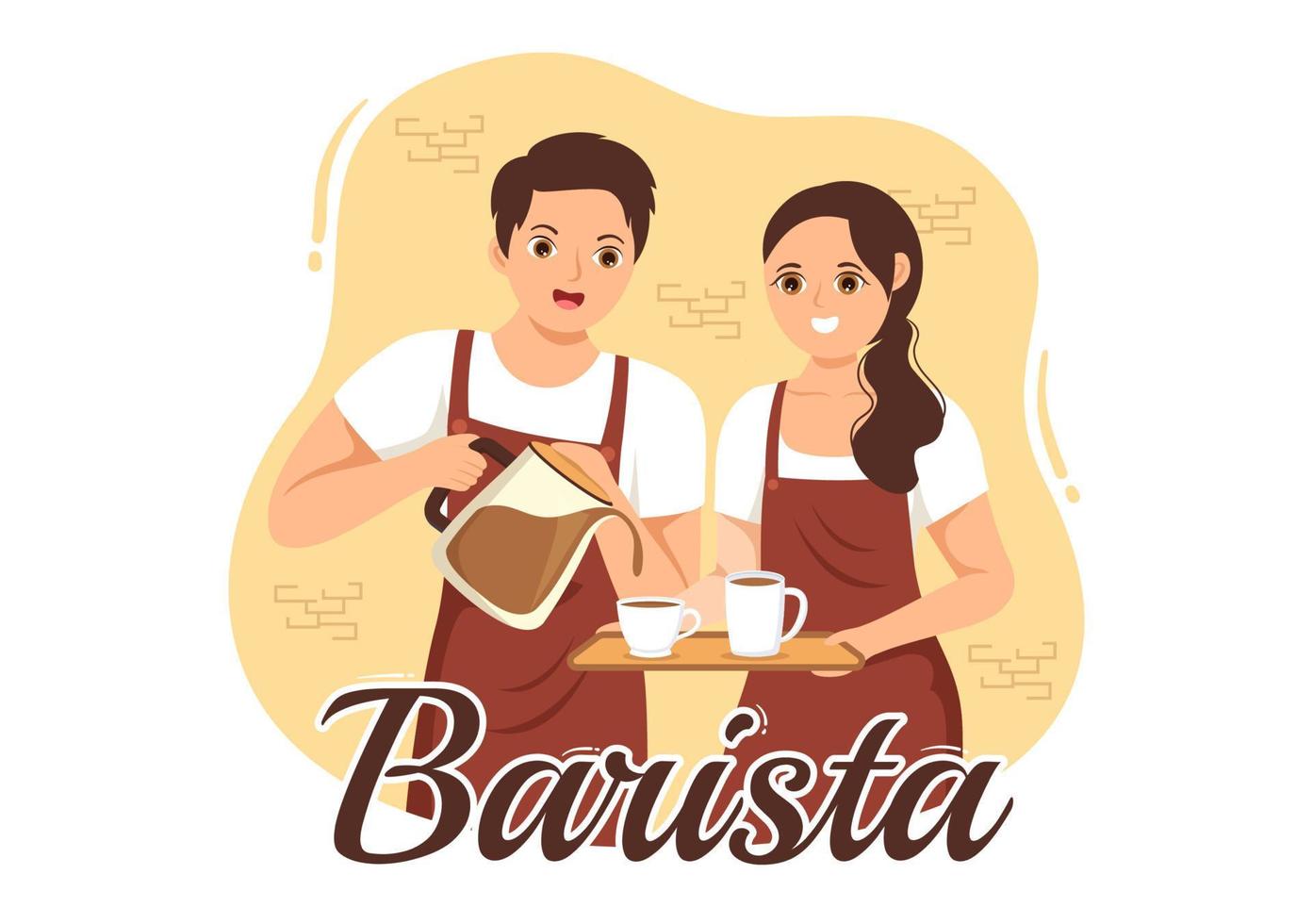 barista ilustración con vistiendo en pie delantal haciendo café para cliente en plano dibujos animados mano dibujado aterrizaje página o web bandera modelo vector