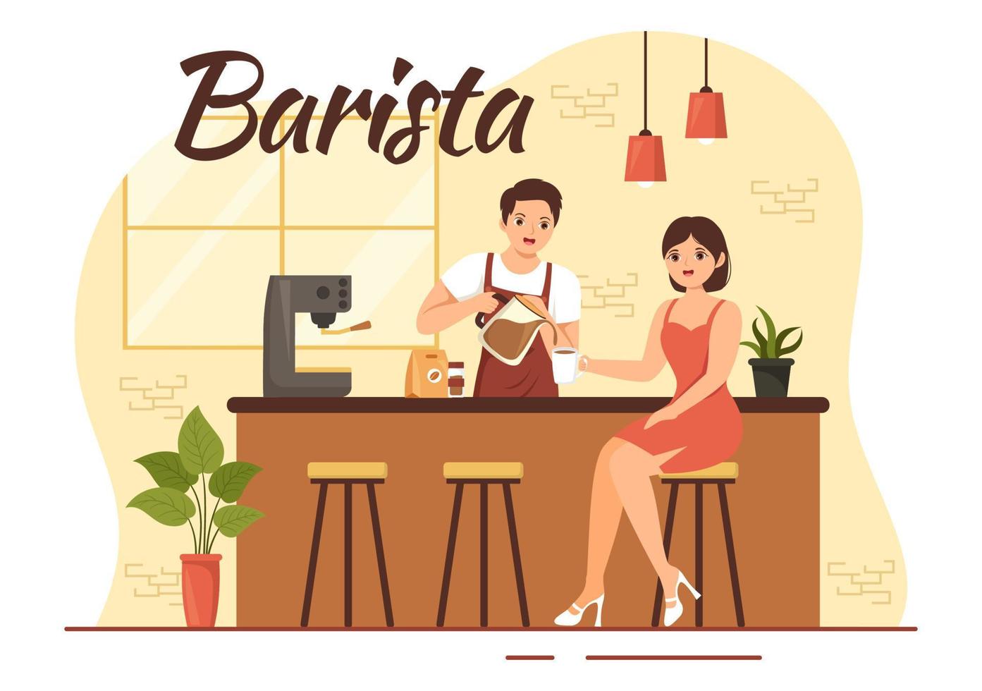 barista ilustración con vistiendo en pie delantal haciendo café para cliente en plano dibujos animados mano dibujado aterrizaje página o web bandera modelo vector