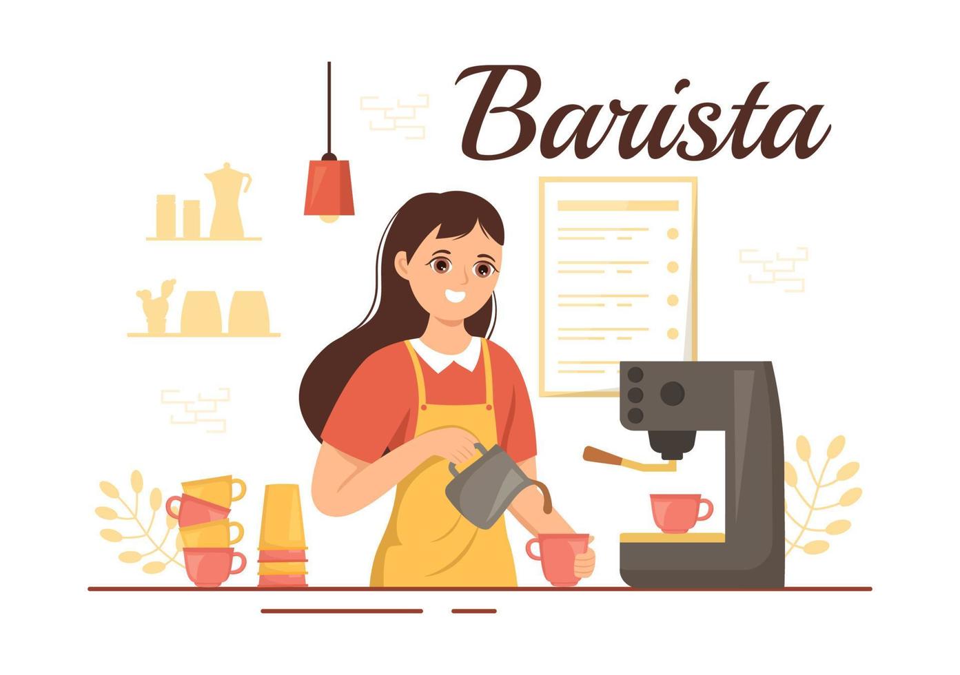 barista ilustración con vistiendo en pie delantal haciendo café para cliente en plano dibujos animados mano dibujado aterrizaje página o web bandera modelo vector