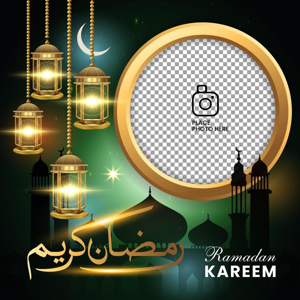 Ramadhan Kareem frame. with arabic calligraphy and silhouette mosques background, for Islamic greeting photo frame background. vector