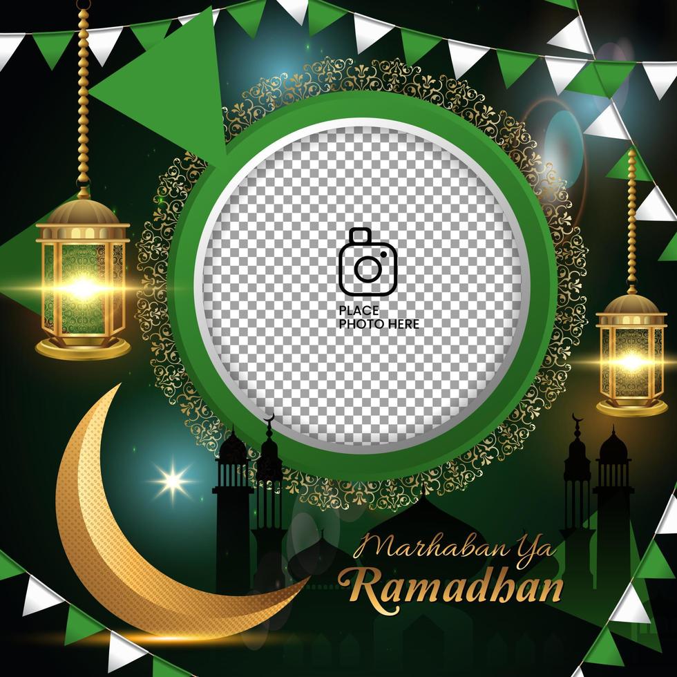 Marhaban Ya Ramadhan. Islamic greeting photo frame background can be used for Eid al-Fitr vector