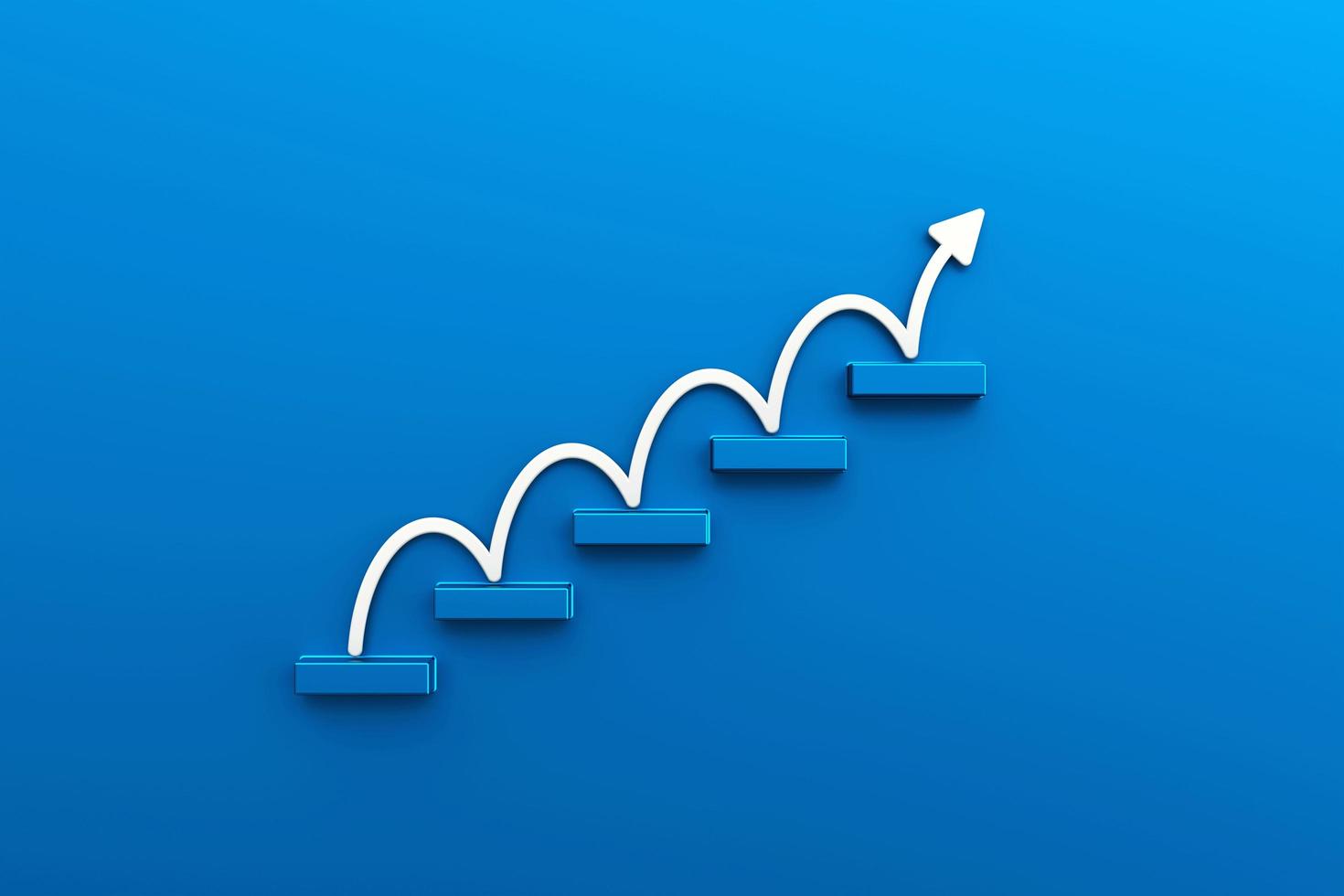 Blue metal block stacking as step stair with white arrow up on blue background, Ladder of success in business growth concept, copy space. 3d rendering photo