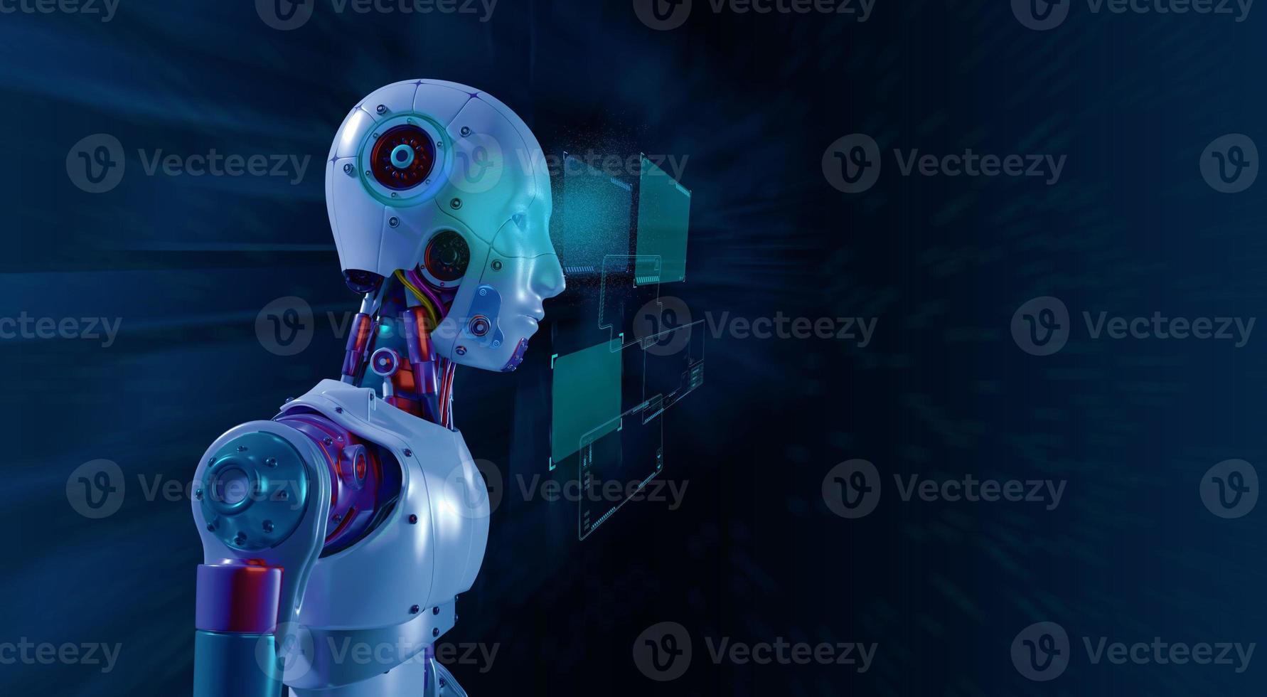 Robot ai technology touchscreen frame element artificial intelligence ai robot engineer eye scanner innovation cyber learning system connection mechanic industry learning software information display photo