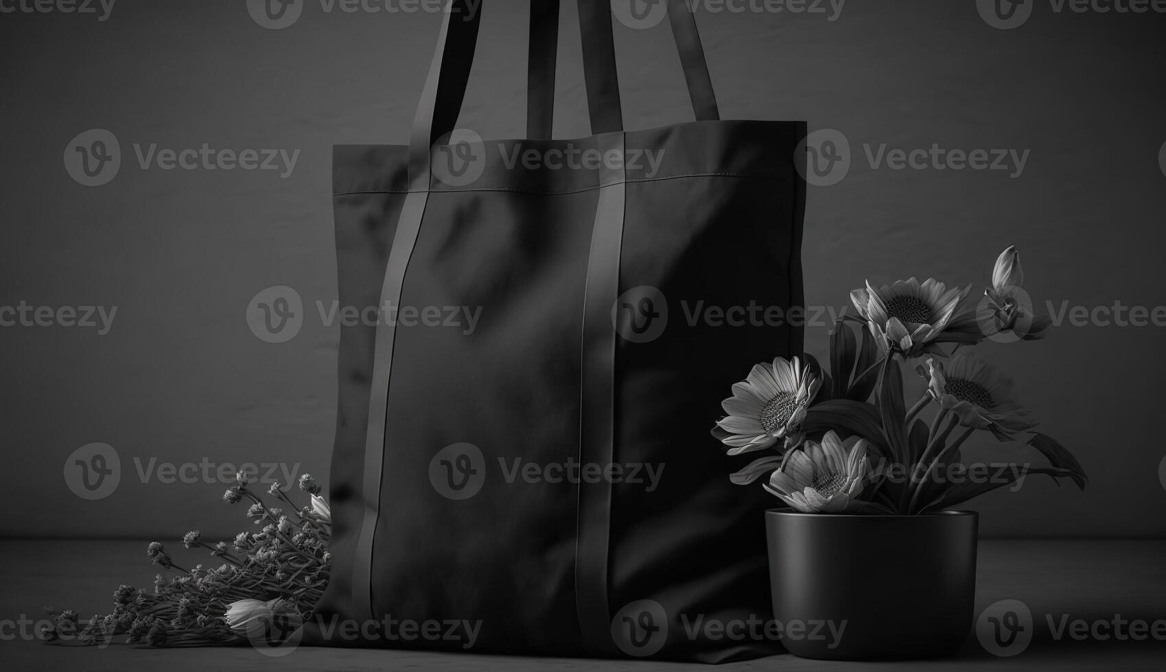 , Realistic black tote canvas fabric bag set-up in at home interior, mug mock up blank. photo