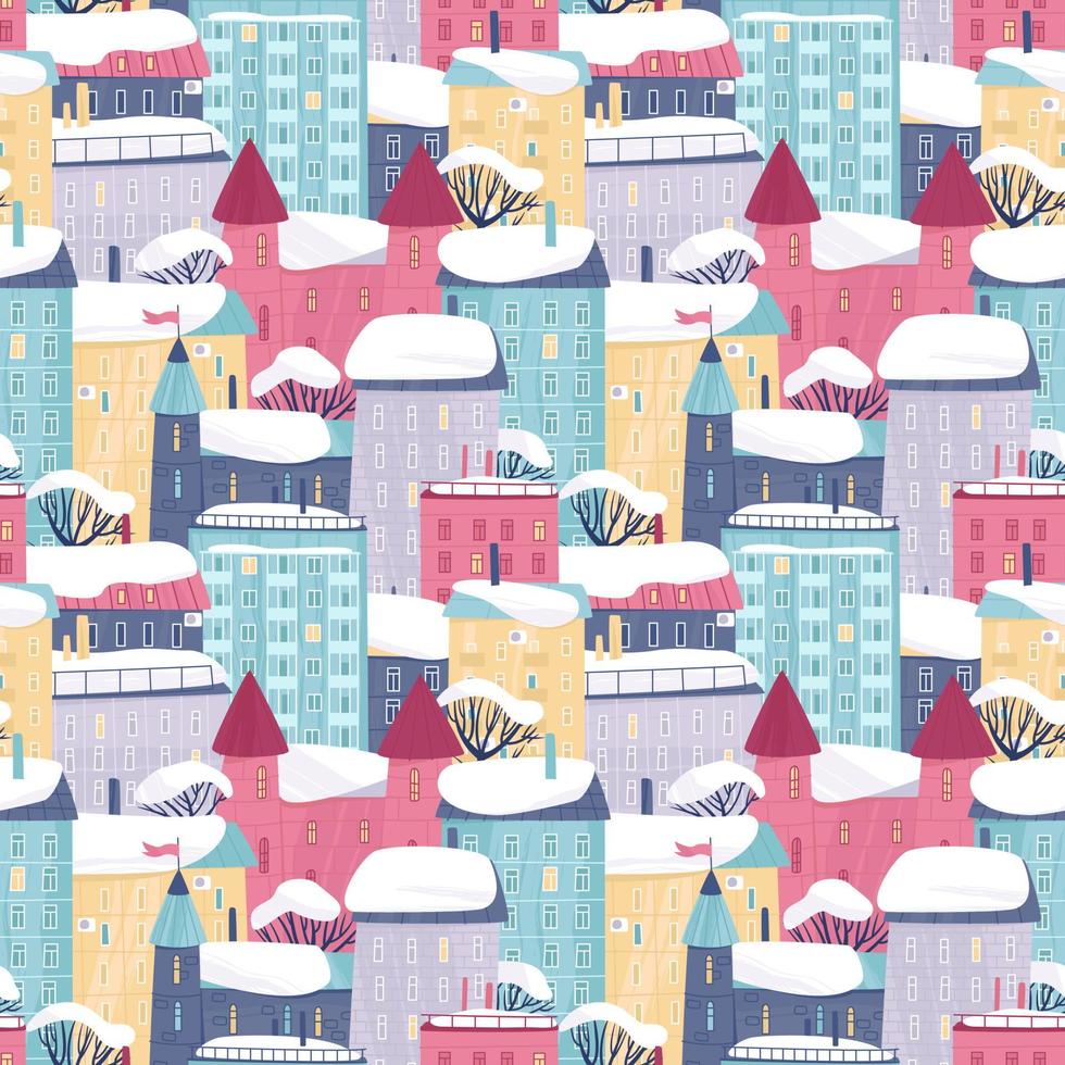 Seamless pattern of a winter city with colorful houses in the snow vector