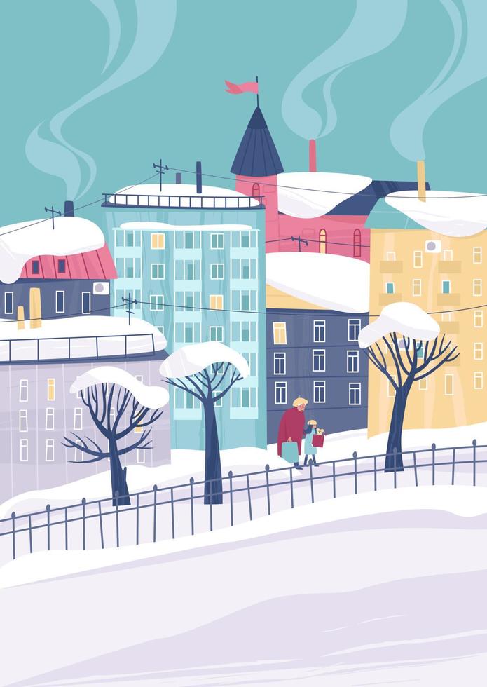 Postcard of a grandmother with her granddaughter in a winter city with colorful houses in the snow vector