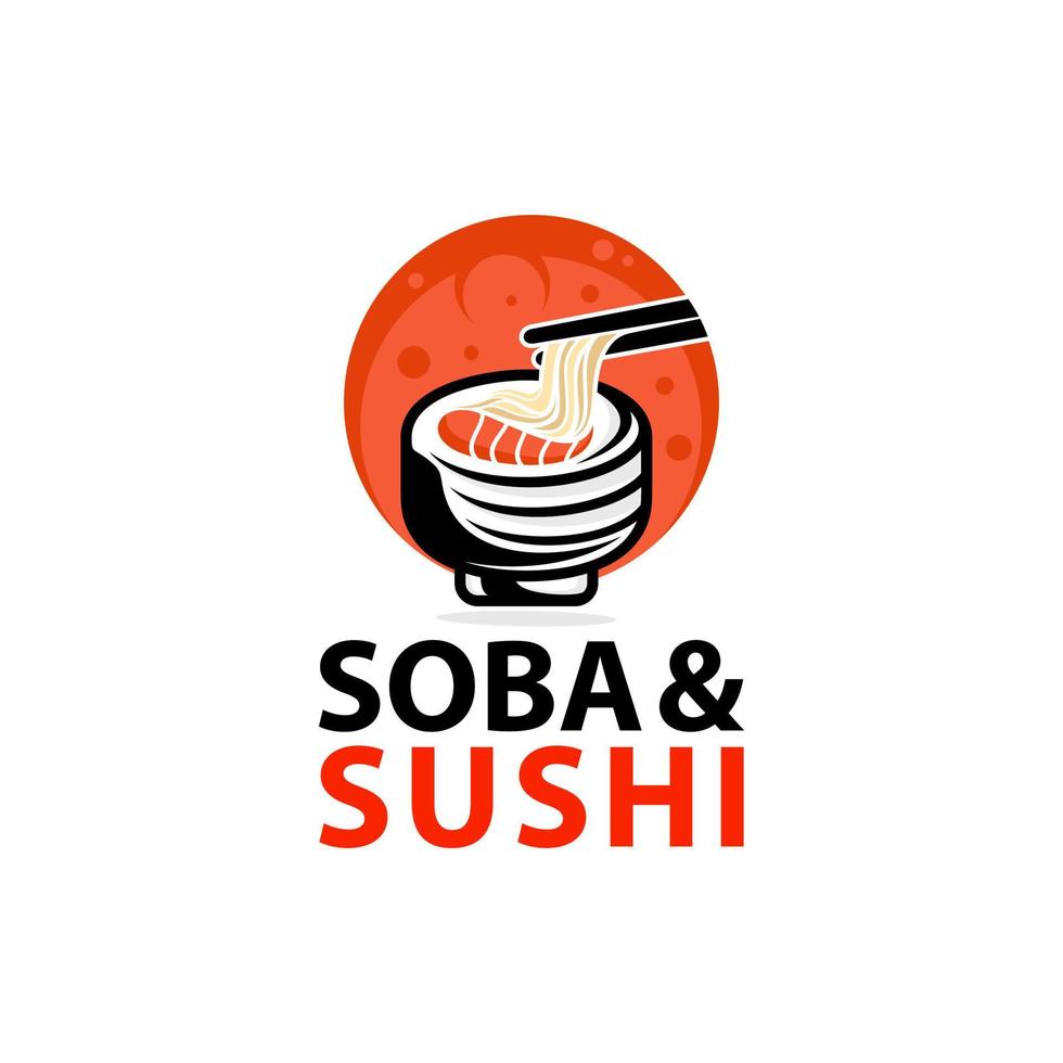 Soba and sushi logo design with salmon sushi japanese food cafe vector