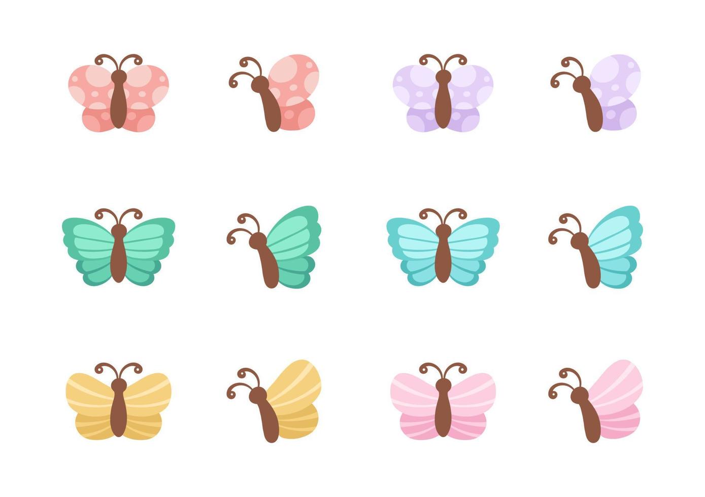 Simple butterfly icon illustration set isolated on white background. Pretty vector butterflies with spring and summer palette for kids.