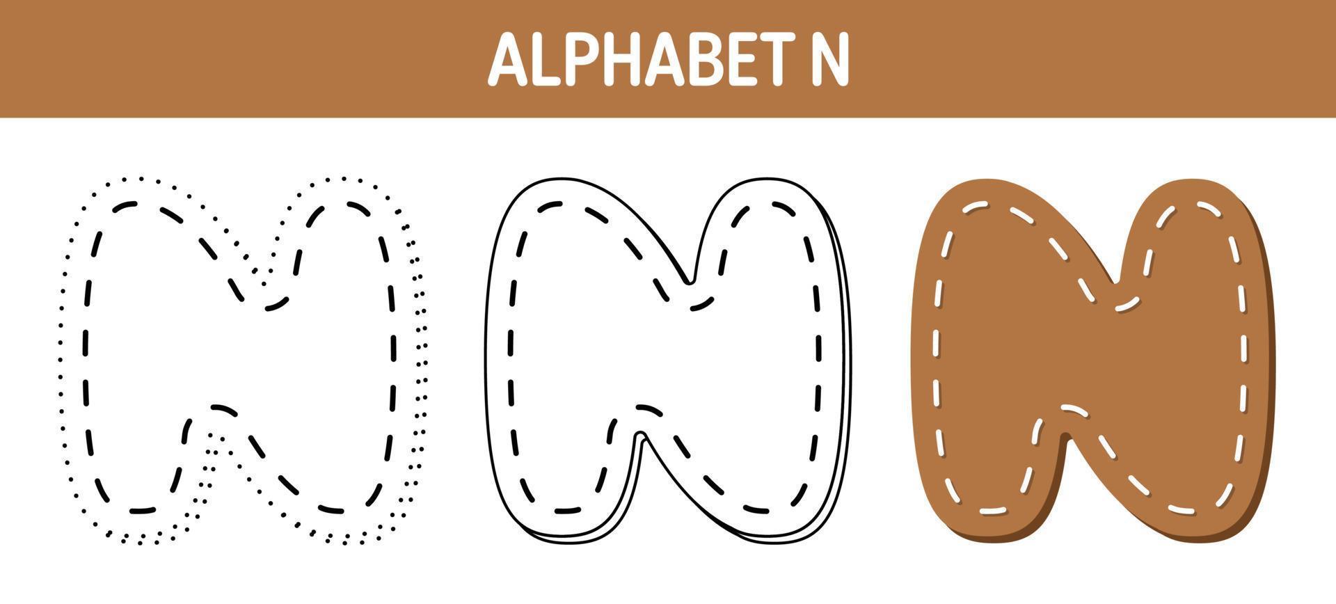 hoja de trabajo para colorear y trazar el alfabeto n para niños vector