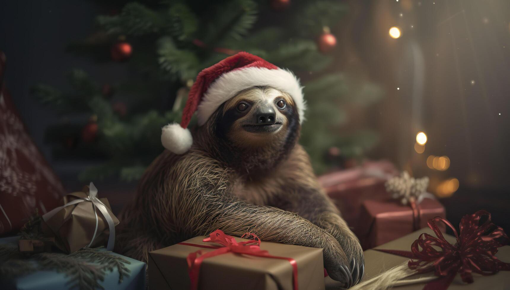 Sloth near the Christmas tree with gifts. . photo