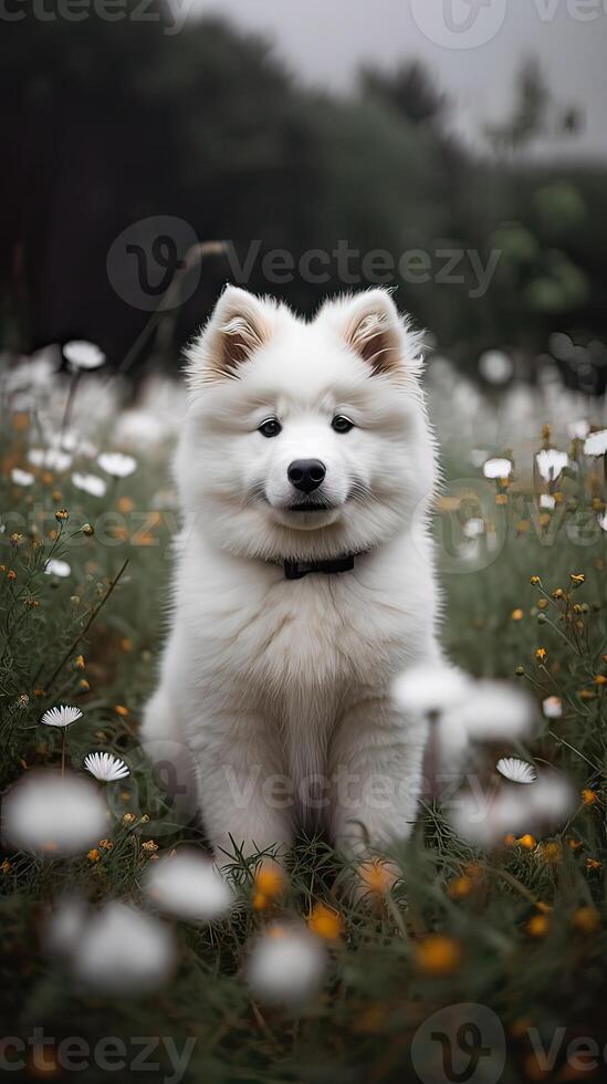 dog of the Samoyed breed sits against the background of a blooming meadow. Happy dog. photo