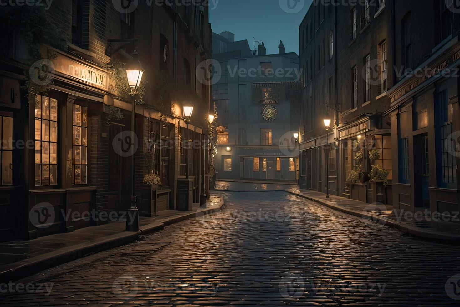 night city view traditional timber framed buildings on both sides of cobblestone street in old town. . photo