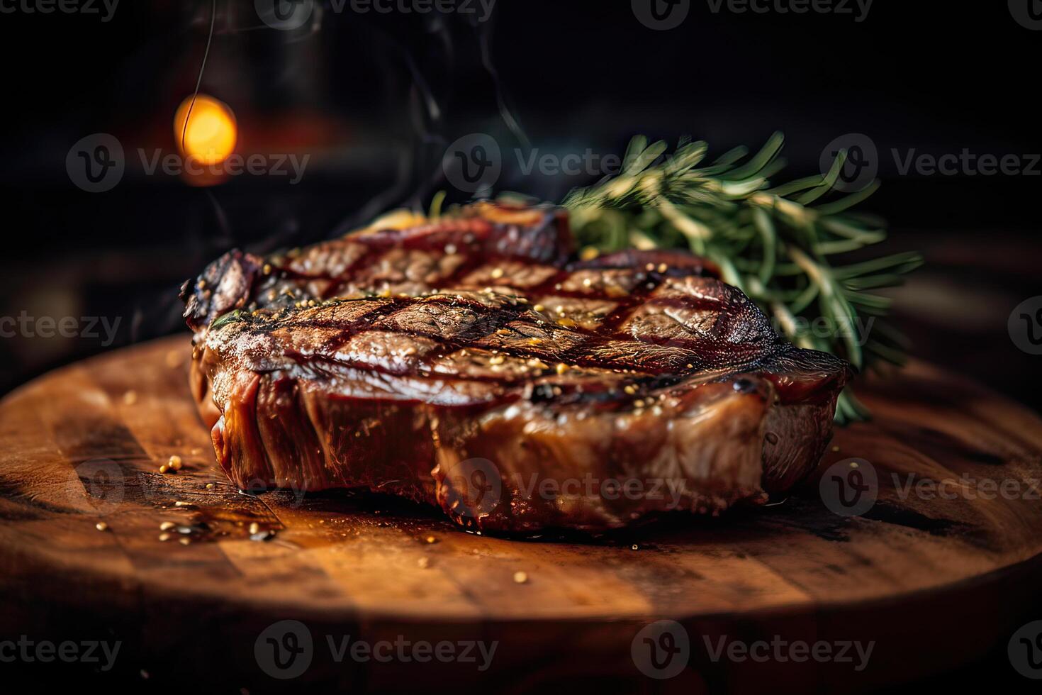 Grilled ribeye beef steak served on wooden board with rosemary, grilled garlic, fork and knife on wooden table. . photo