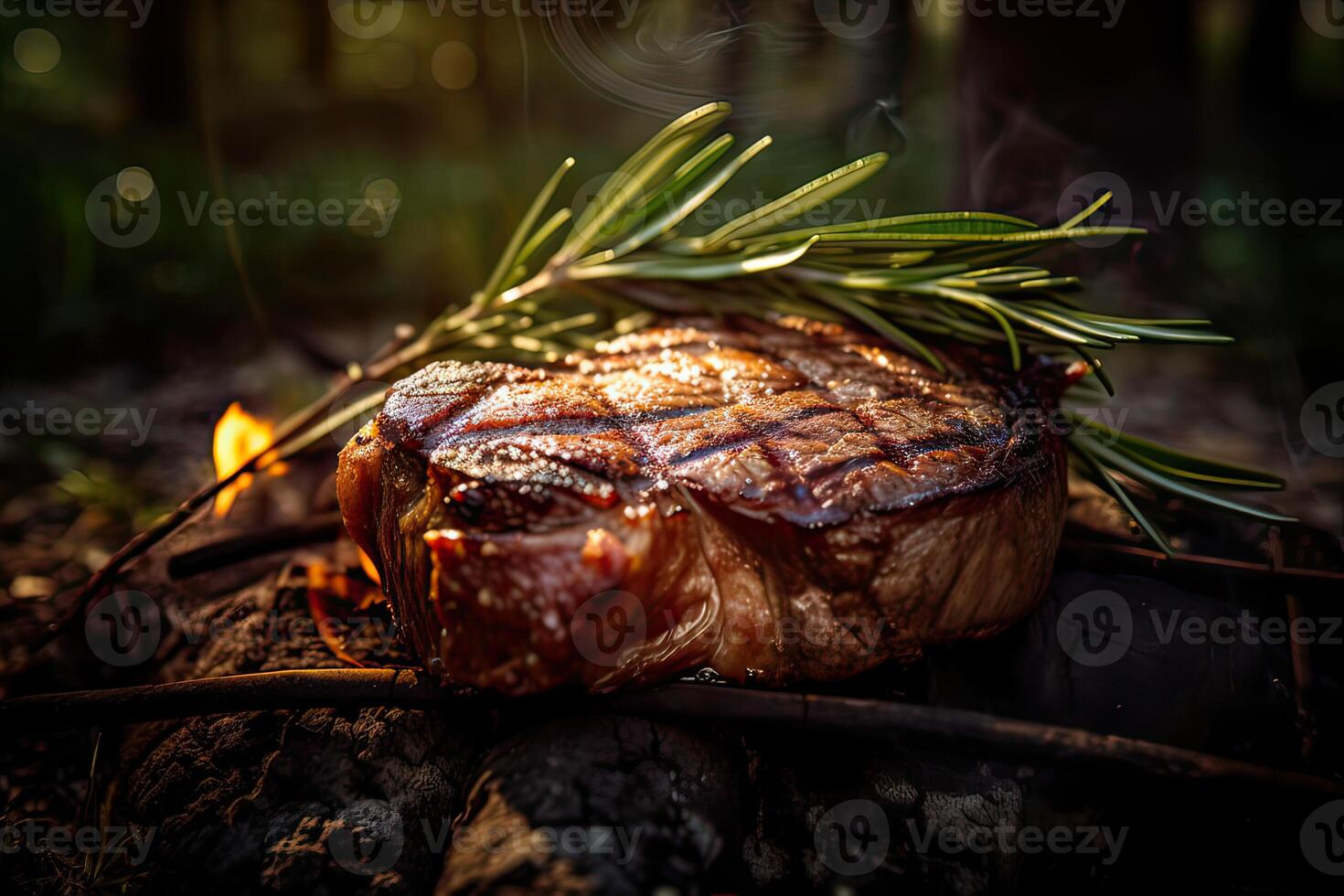Grilled ribeye beef steak served on wooden board with rosemary, grilled garlic, fork and knife on wooden table. . photo