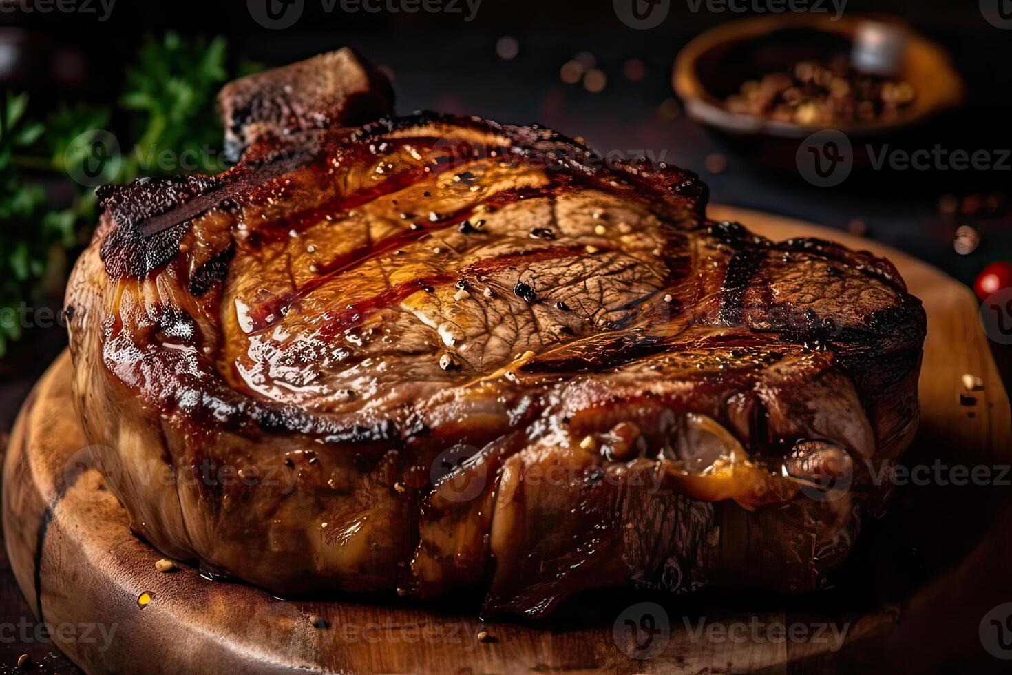 Grilled ribeye beef steak served on wooden board with rosemary, grilled garlic, fork and knife on wooden table. . photo