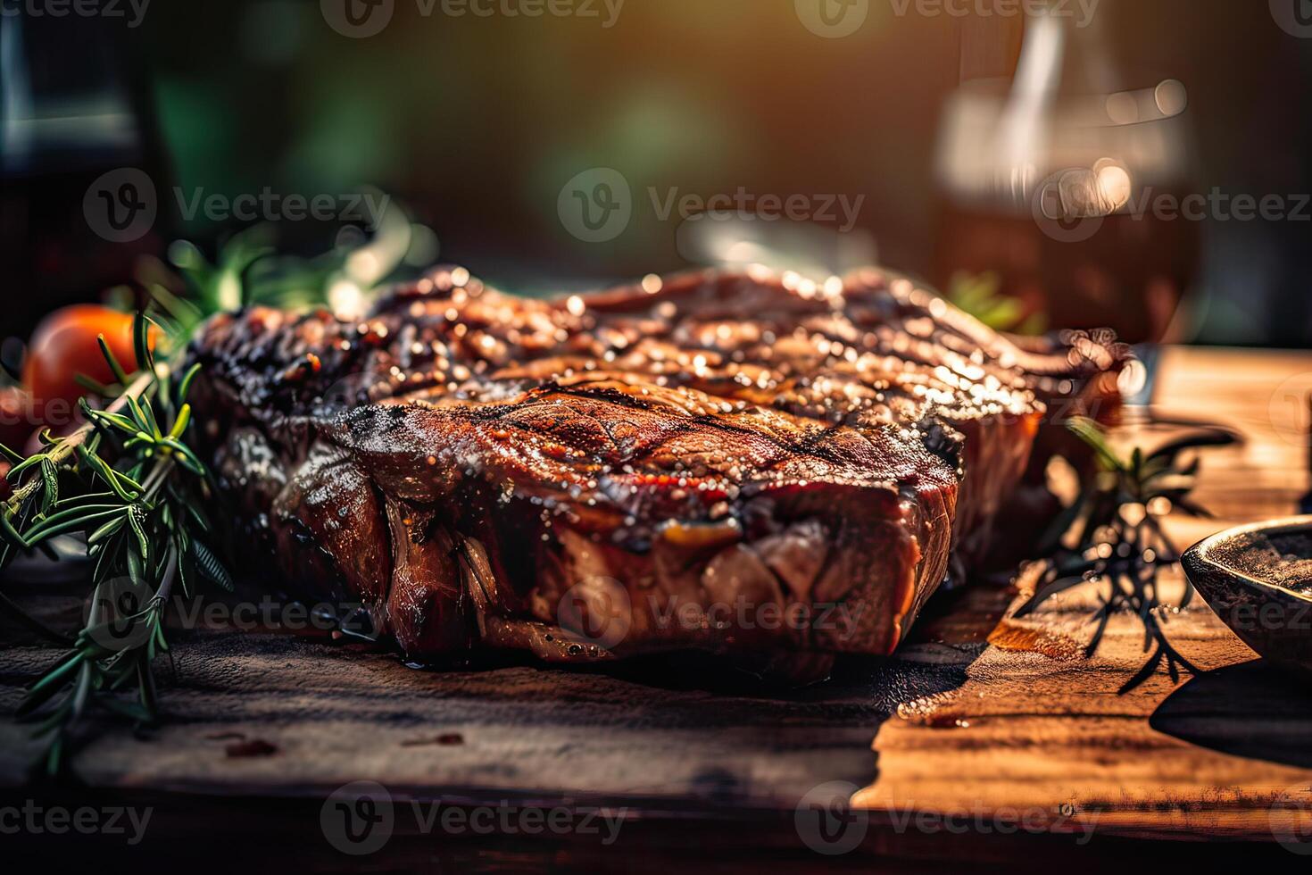 Grilled ribeye beef steak served on wooden board with rosemary, grilled garlic, fork and knife on wooden table. . photo