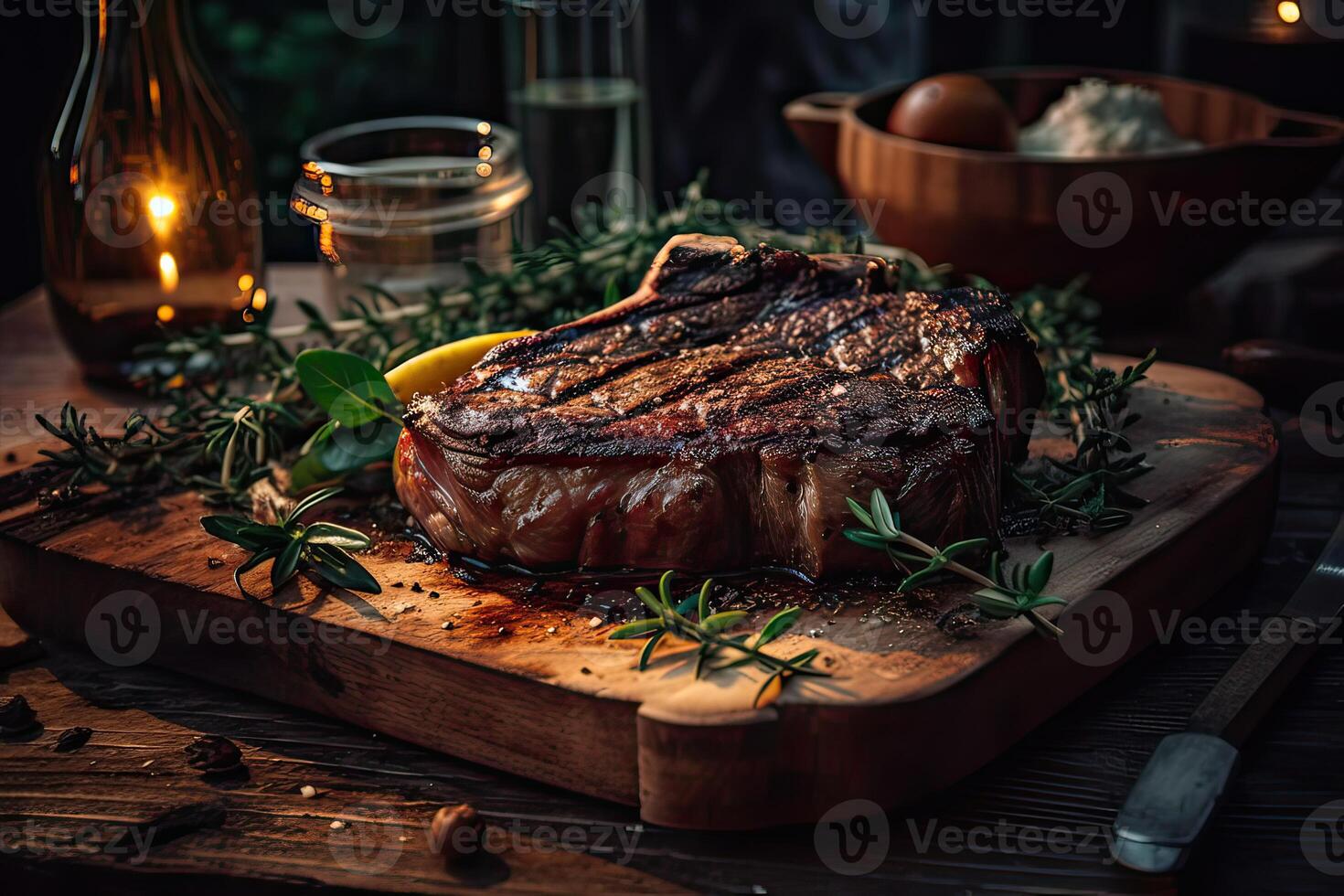 Grilled ribeye beef steak served on wooden board with rosemary, grilled garlic, fork and knife on wooden table. . photo