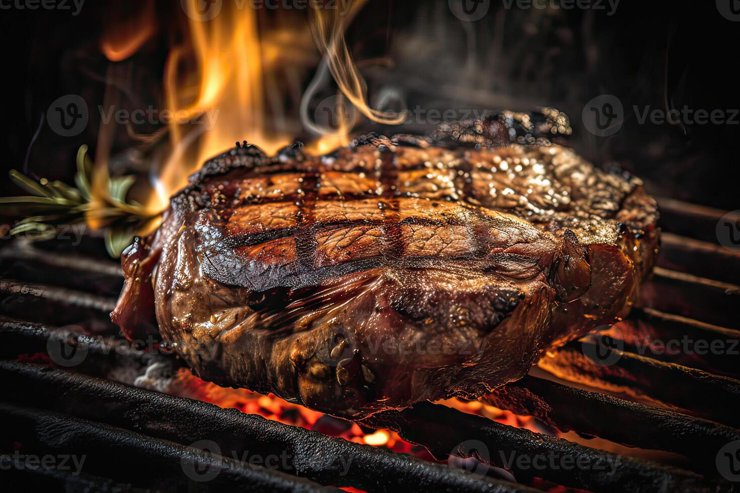 Grilled ribeye beef steak served on wooden board with rosemary, grilled garlic, fork and knife on wooden table. . photo