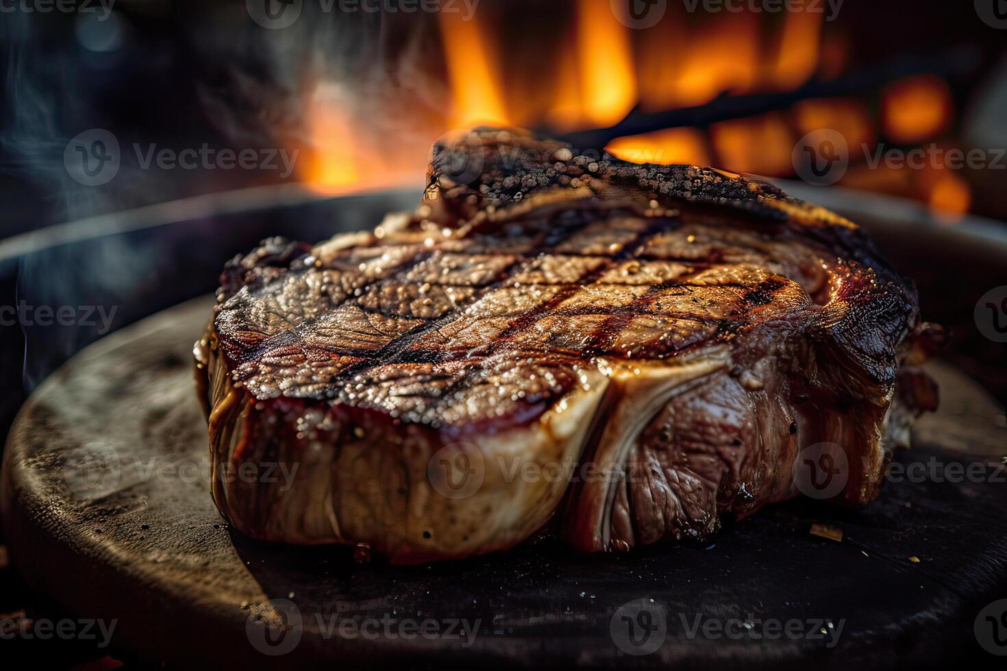 Grilled ribeye beef steak served on wooden board with rosemary, grilled garlic, fork and knife on wooden table. . photo
