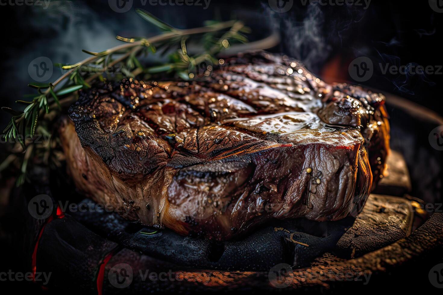 Grilled ribeye beef steak served on wooden board with rosemary, grilled garlic, fork and knife on wooden table. . photo
