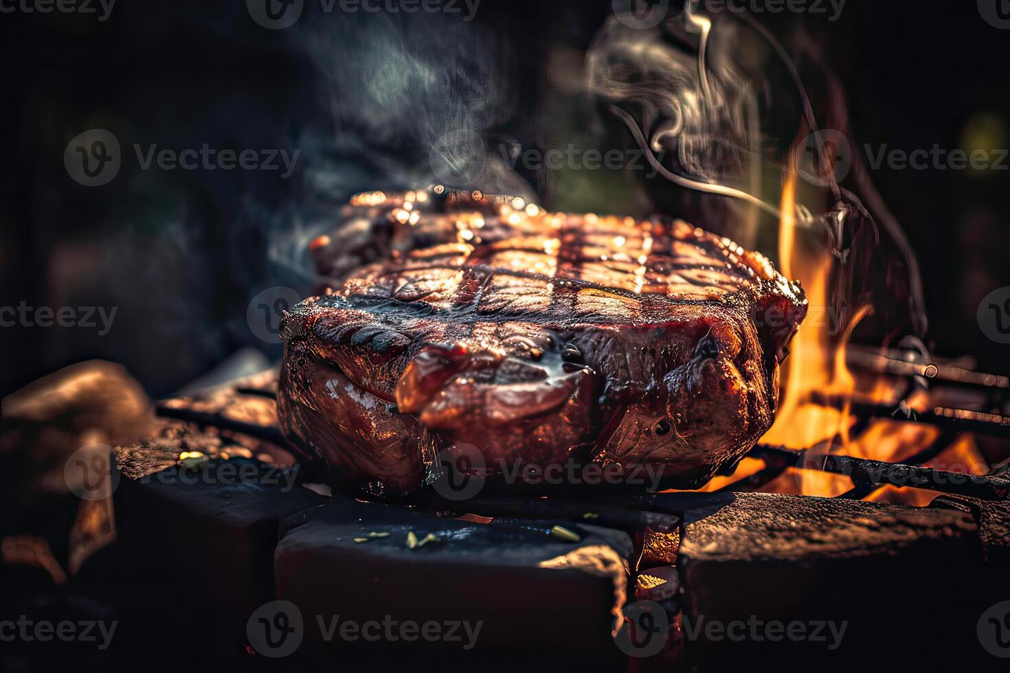 Grilled ribeye beef steak served on wooden board with rosemary, grilled garlic, fork and knife on wooden table. . photo